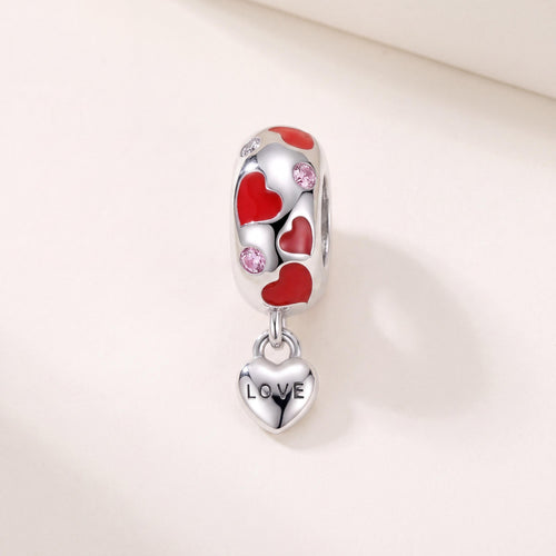 Red Enamel Love Heart Charm in 925 sterling silver with red and pink enamel and sparkling stones