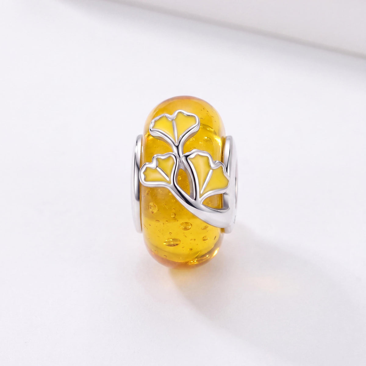 Ginkgo Leaf Bead in 925 sterling silver with yellow enamel, fits European-style charm bracelets