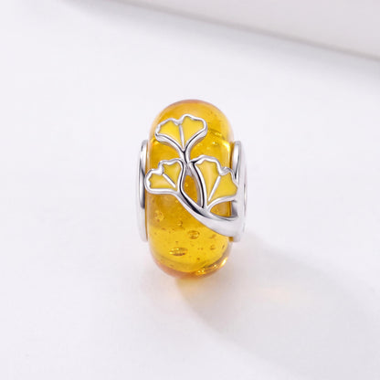Ginkgo Leaf Bead in 925 sterling silver with yellow enamel, fits European-style charm bracelets