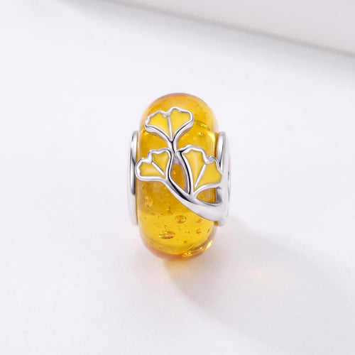 Ginkgo Leaf Bead in 925 sterling silver with yellow enamel, fits European-style charm bracelets