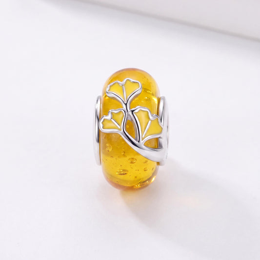 Ginkgo Leaf Bead in 925 sterling silver with yellow enamel, fits European-style charm bracelets