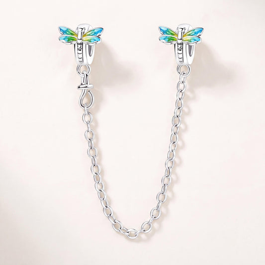 Dragonfly Safety Chain Charm in 925 sterling silver with blue and green enamel, fits European-style charm bracelets