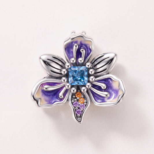 Iris Flower Charm in 925 sterling silver with purple and white enamel and sparkling stones