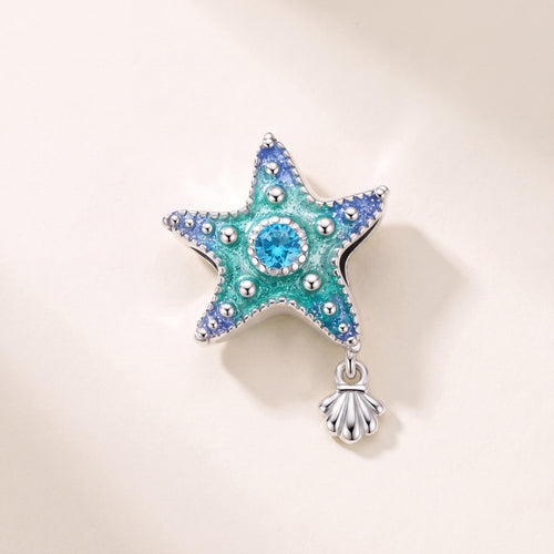 Blue Starfish Charm in 925 sterling silver with blue and green enamel and sparkling stones