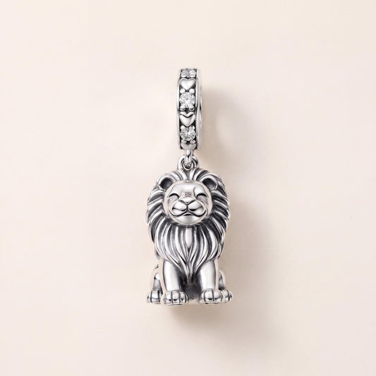 Seated Lion Dangle Charm in 925 sterling silver with sparkling stones, fits European-style charm bracelets