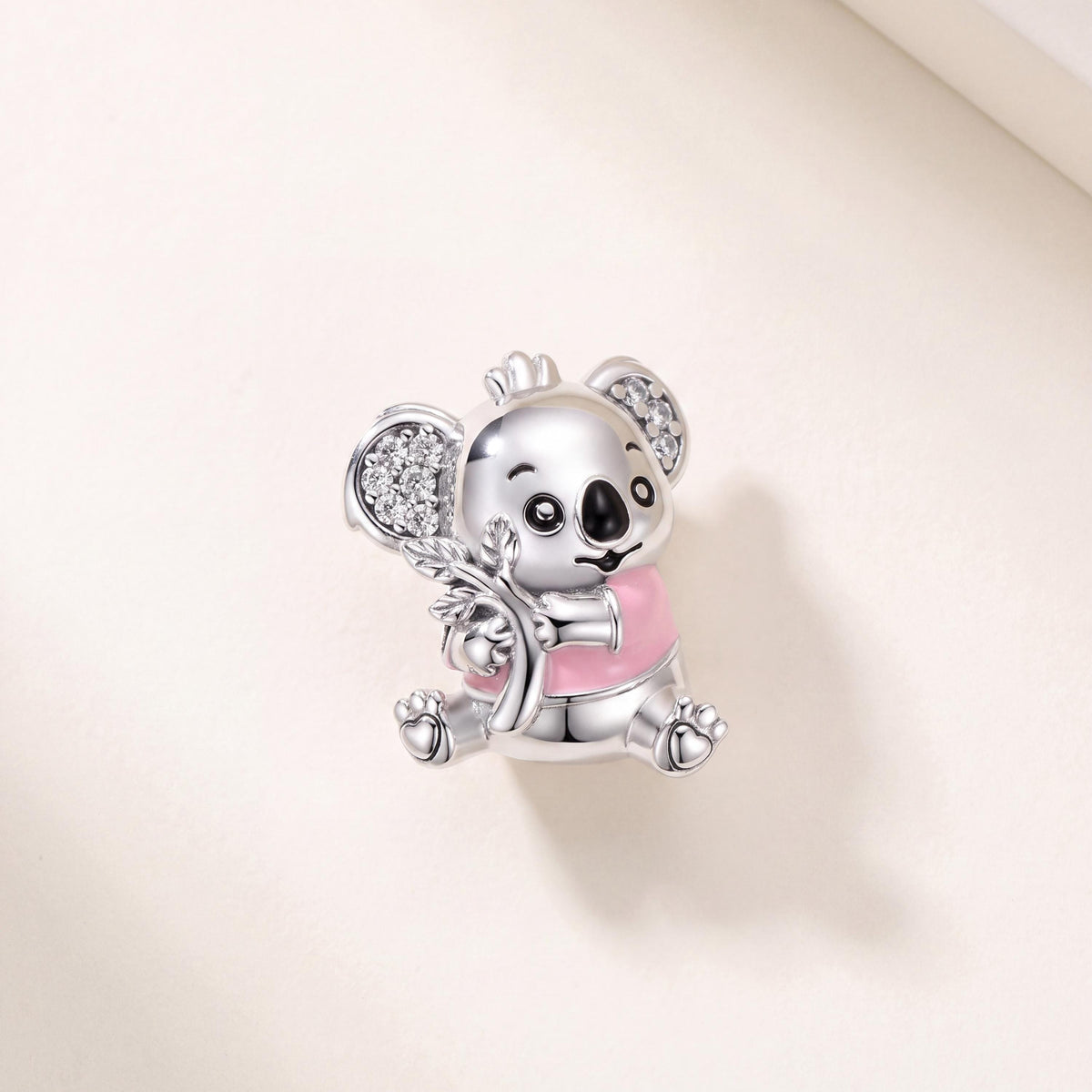 Koala Bear Charm in 925 sterling silver with pink and black enamel and sparkling stones, fits European-style charm bracelets