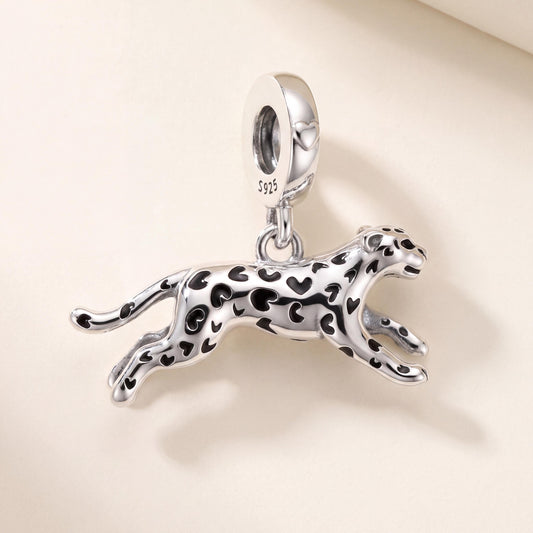 Leaping Cheetah Dangle in 925 sterling silver with black enamel, fits European-style charm bracelets