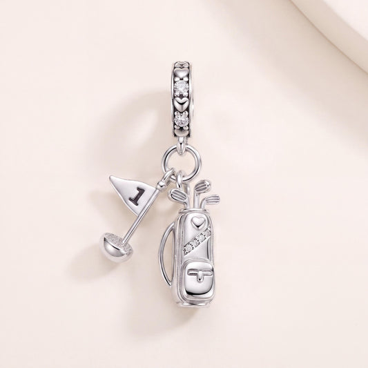Golf Bag Dangle Charm in 925 sterling silver with sparkling stones, fits European-style charm bracelets