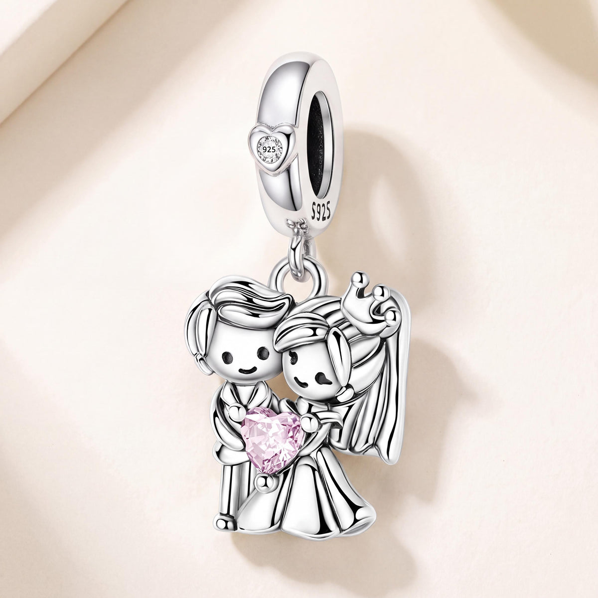 Bride and Groom Charm in 925 sterling silver with sparkling stones, fits European-style charm bracelets