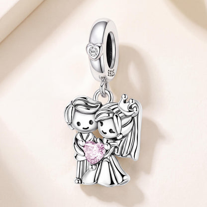 Bride and Groom Charm in 925 sterling silver with sparkling stones, fits European-style charm bracelets
