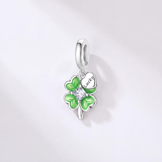 Lucky Clover Dangle in 925 sterling silver with green enamel and sparkling stones, fits European-style charm bracelets