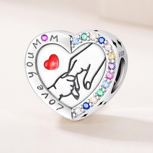 Love You Mom Heart Bead in 925 sterling silver with red enamel and sparkling stones, fits European-style charm bracelets