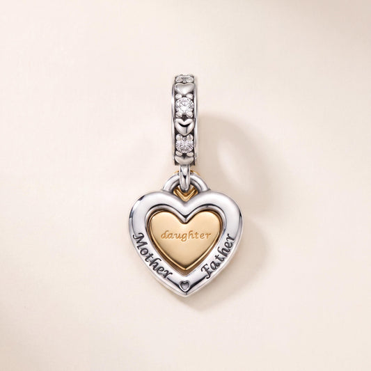 Family Heart Charm in 925 sterling silver with sparkling stones, fits European-style charm bracelets
