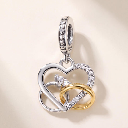 Wedding Rings Dangle in 925 sterling silver with sparkling stones, fits European-style charm bracelets