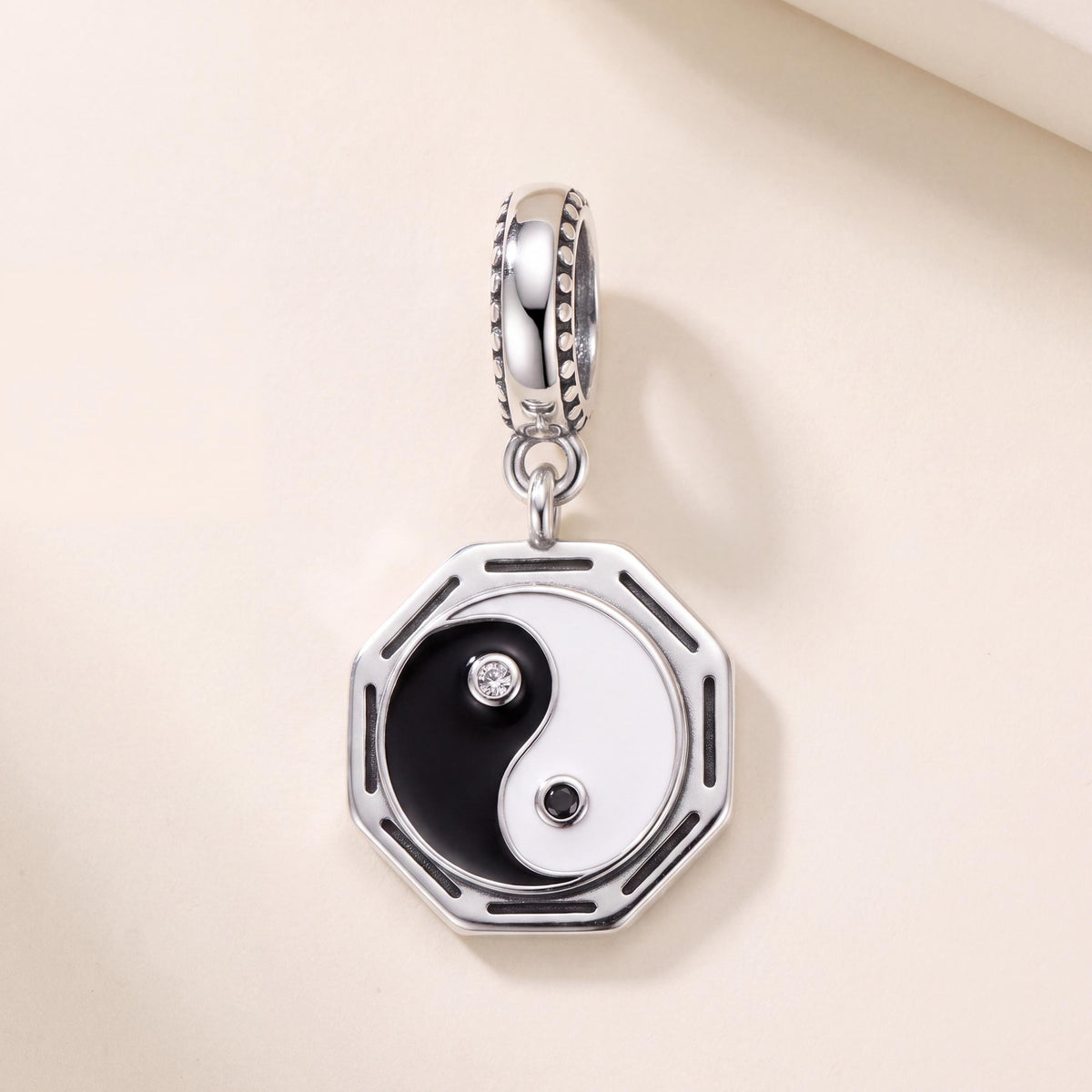 Yin Yang Bagua Charm in 925 sterling silver with black and white enamel and sparkling stones