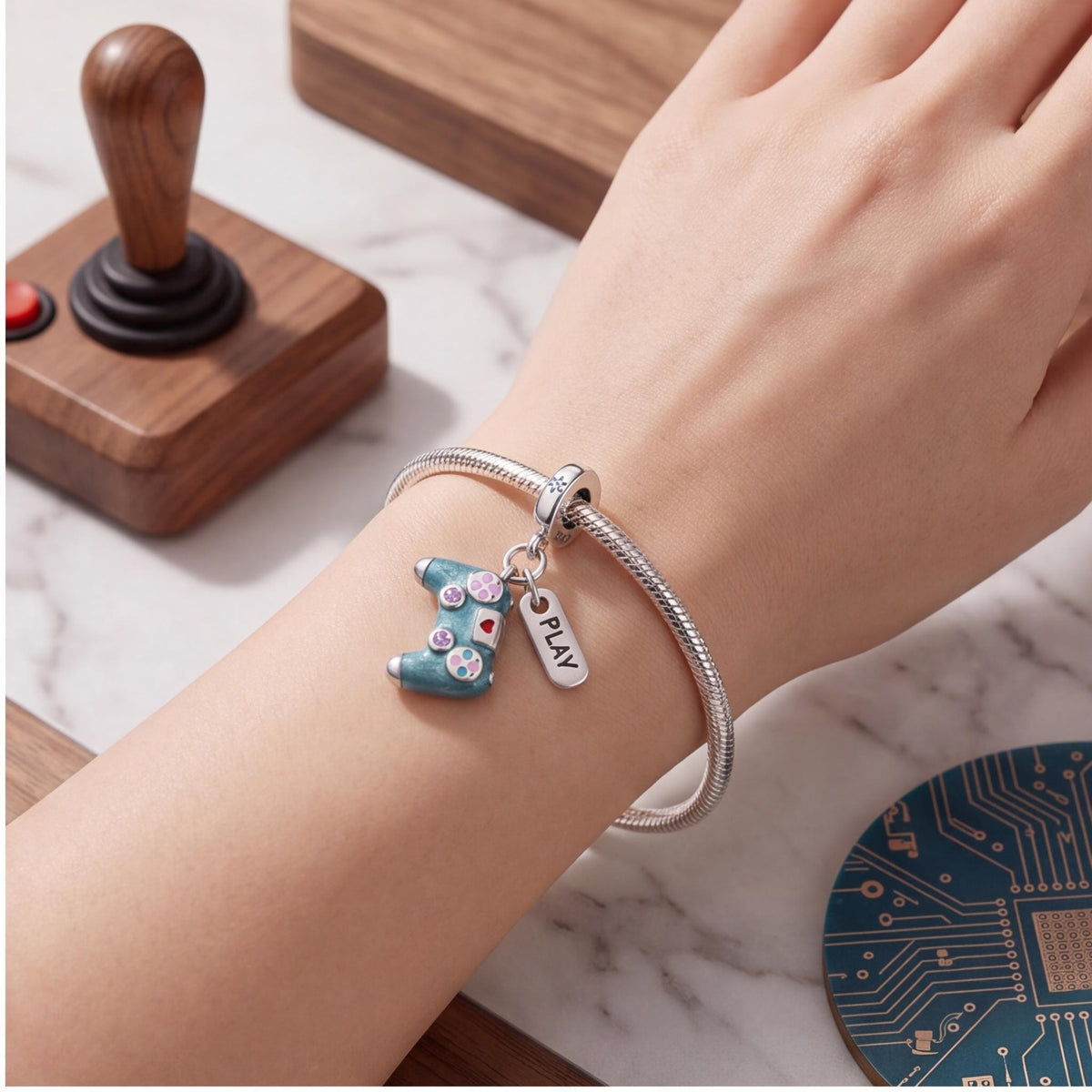 Gaming Controller Dangle Charm close-up on a bracelet