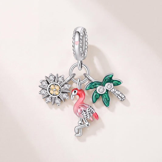 Tropical Flamingo Charm in 925 sterling silver with pink and green enamel and sparkling stones