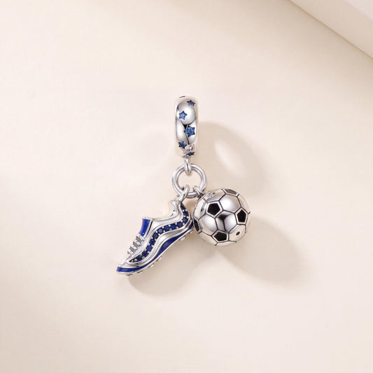 Football Boot and Ball Dangle in 925 sterling silver with blue and black enamel and sparkling stones