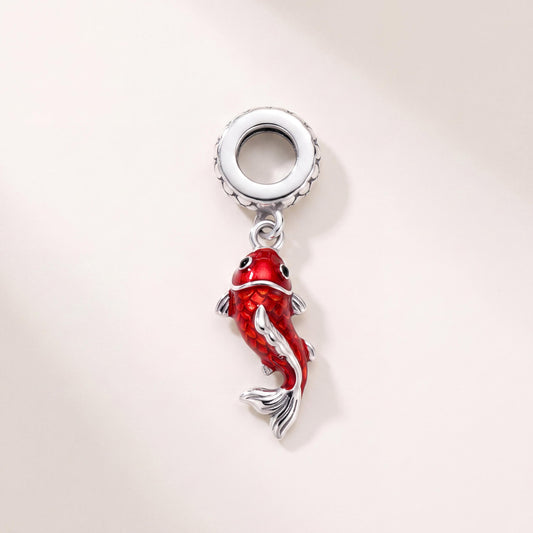 Red Koi Fish Dangle in 925 sterling silver with red and black enamel, fits European-style charm bracelets