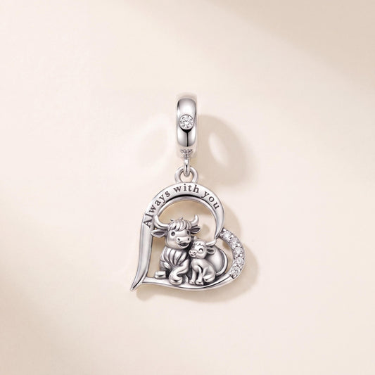 Highland Cow Heart Dangle in 925 sterling silver with sparkling stones, fits European-style charm bracelets