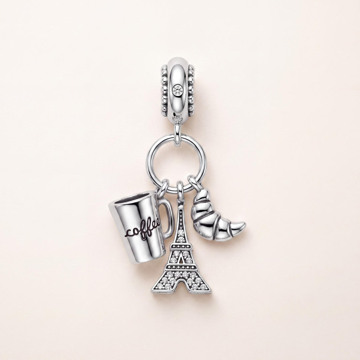 Paris Eiffel Tower Dangle in 925 sterling silver with sparkling stones, fits European-style charm bracelets