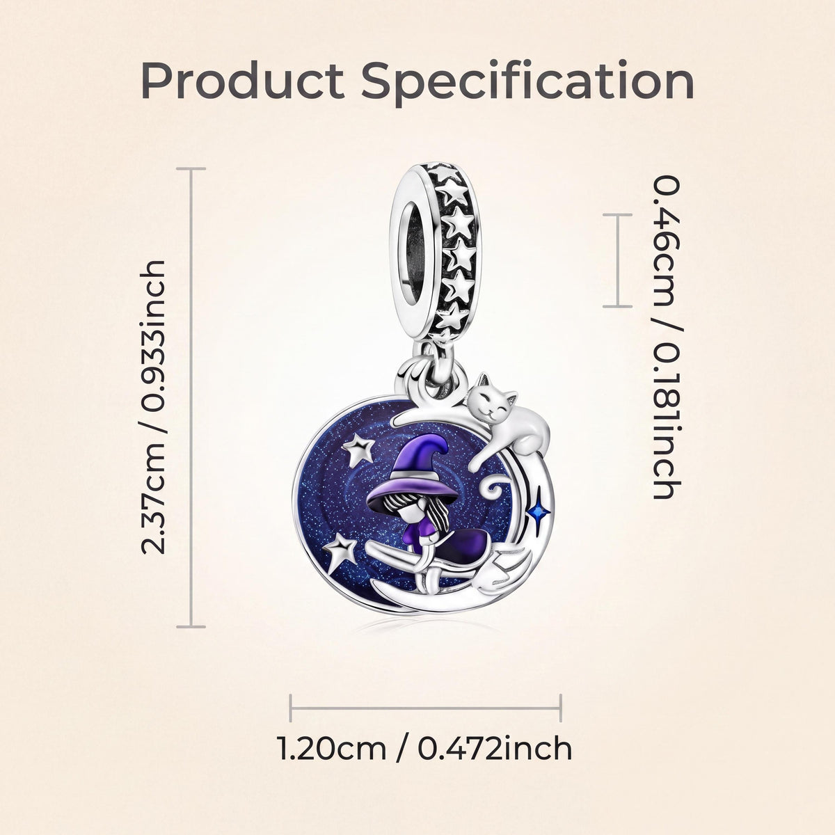 Witch Cat Moon Dangle size and details