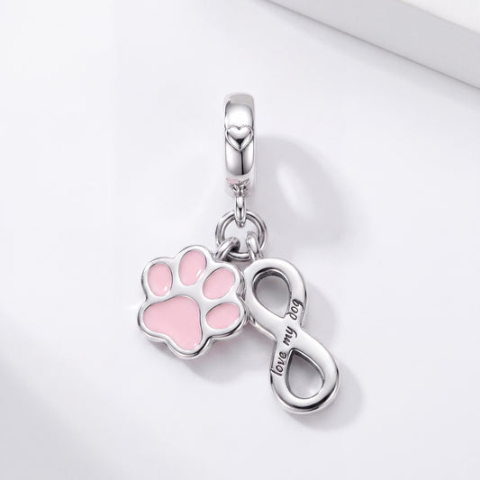 Dog Paw Infinity Charm in 925 sterling silver with pink enamel, fits European-style charm bracelets