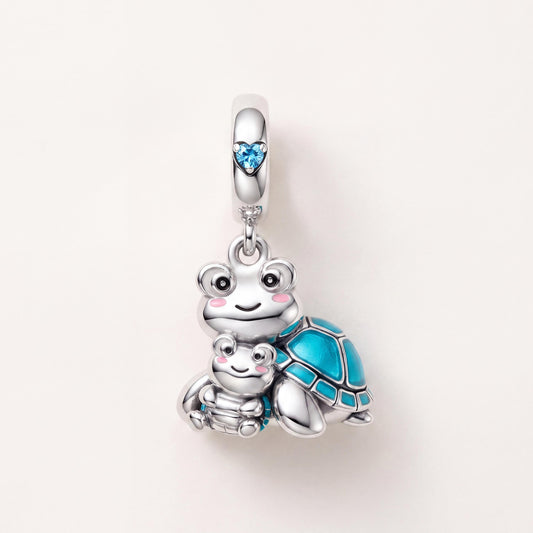 Mother Baby Turtle Charm in 925 sterling silver with blue and pink enamel and sparkling stones