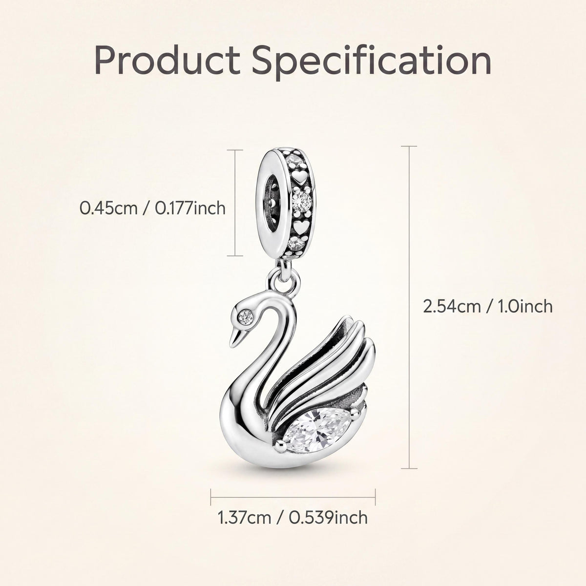Swan Dangle Charm size and details