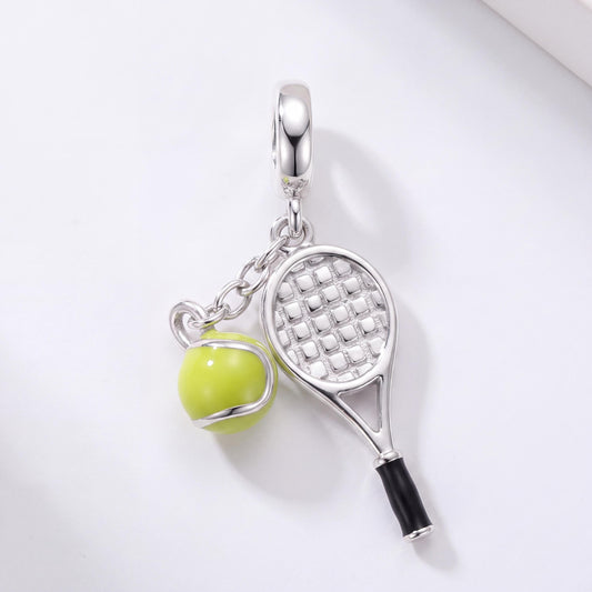Tennis Racket and Ball Dangle in 925 sterling silver with green and yellow enamel, fits European-style charm bracelets