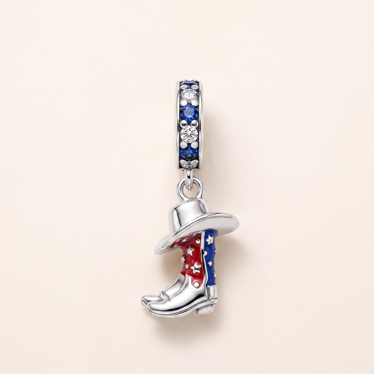 Cowboy Boot Hat Dangle in 925 sterling silver with red and blue enamel and sparkling stones