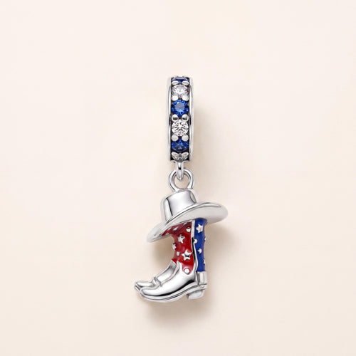 Cowboy Boot Hat Dangle in 925 sterling silver with red and blue enamel and sparkling stones