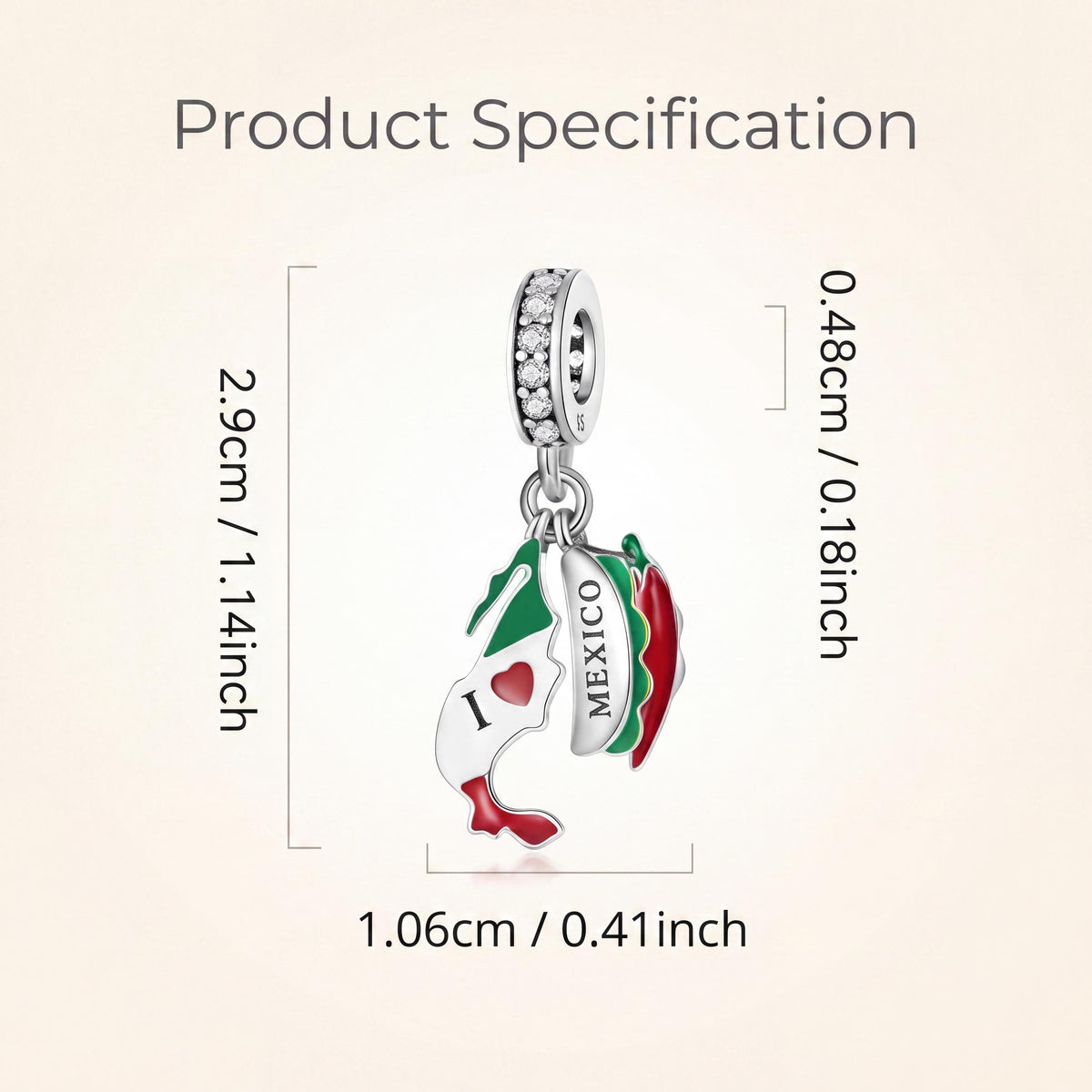 Mexico Dangle Charm size and details
