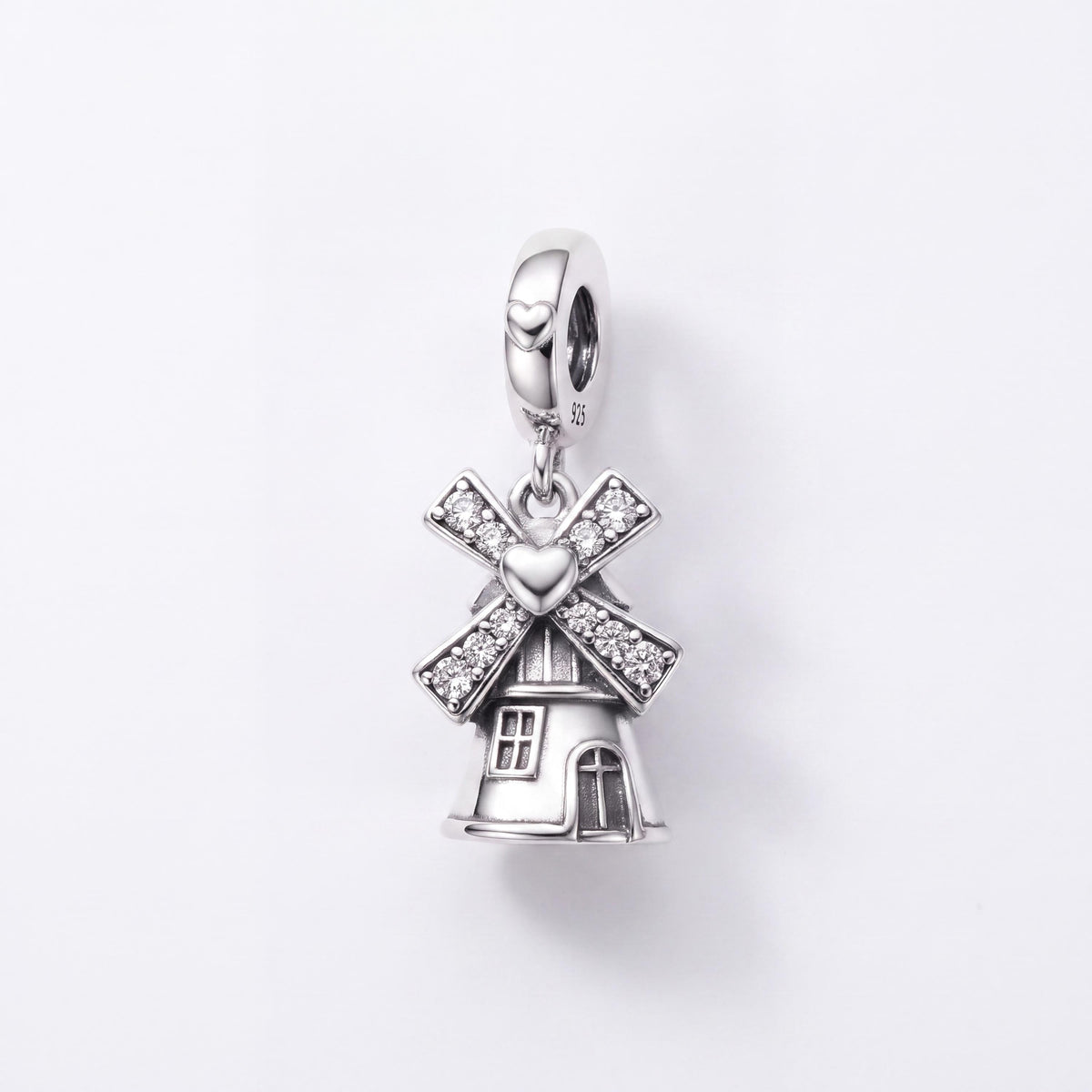 Dutch Windmill Charm in 925 sterling silver with sparkling stones, fits European-style charm bracelets