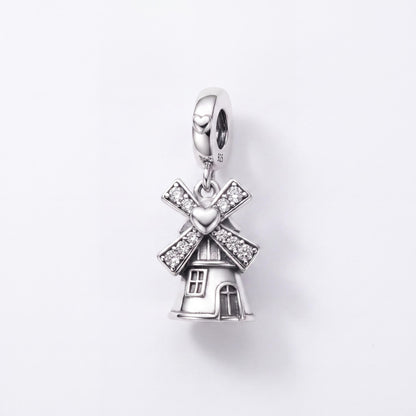 Dutch Windmill Charm in 925 sterling silver with sparkling stones, fits European-style charm bracelets