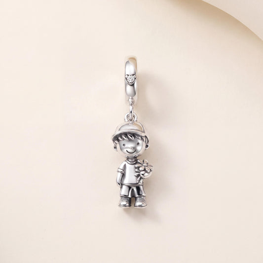 Little Boy Flower Charm in 925 sterling silver with sparkling stones, fits European-style charm bracelets
