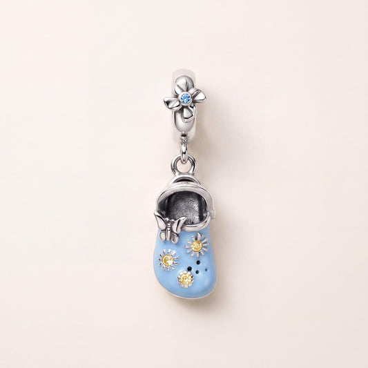 Blue Clog Sandal Charm in 925 sterling silver with blue and yellow enamel and sparkling stones