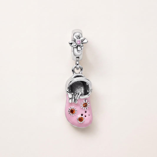 Pink Clog Shoe Charm in 925 sterling silver with pink and yellow enamel and sparkling stones