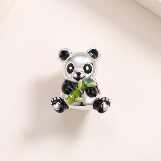Panda Holding Bamboo Charm in 925 sterling silver with black and white enamel, fits European-style charm bracelets