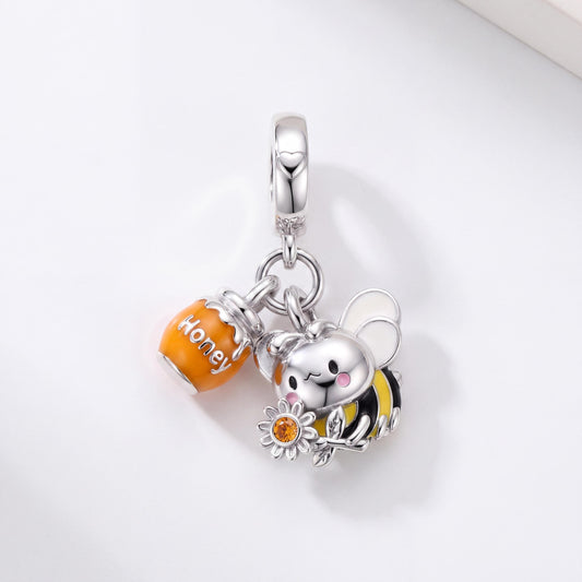 Bee and Honey Pot Charm in 925 sterling silver with enamel and sparkling stones, fits European-style charm bracelets