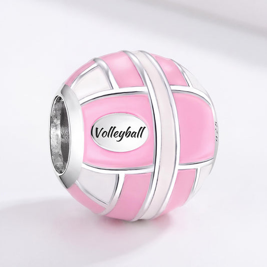 Pink Volleyball Charm in 925 sterling silver with pink and white enamel, fits European-style charm bracelets