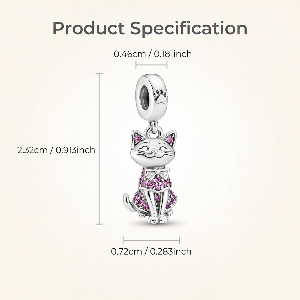 Pink Cat Dangle Charm size and details