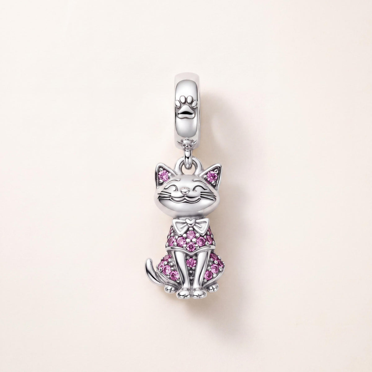 Pink Cat Dangle Charm in 925 sterling silver with sparkling stones, fits European-style charm bracelets