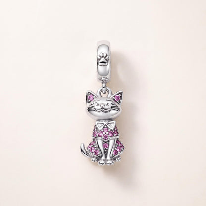 Pink Cat Dangle Charm in 925 sterling silver with sparkling stones, fits European-style charm bracelets