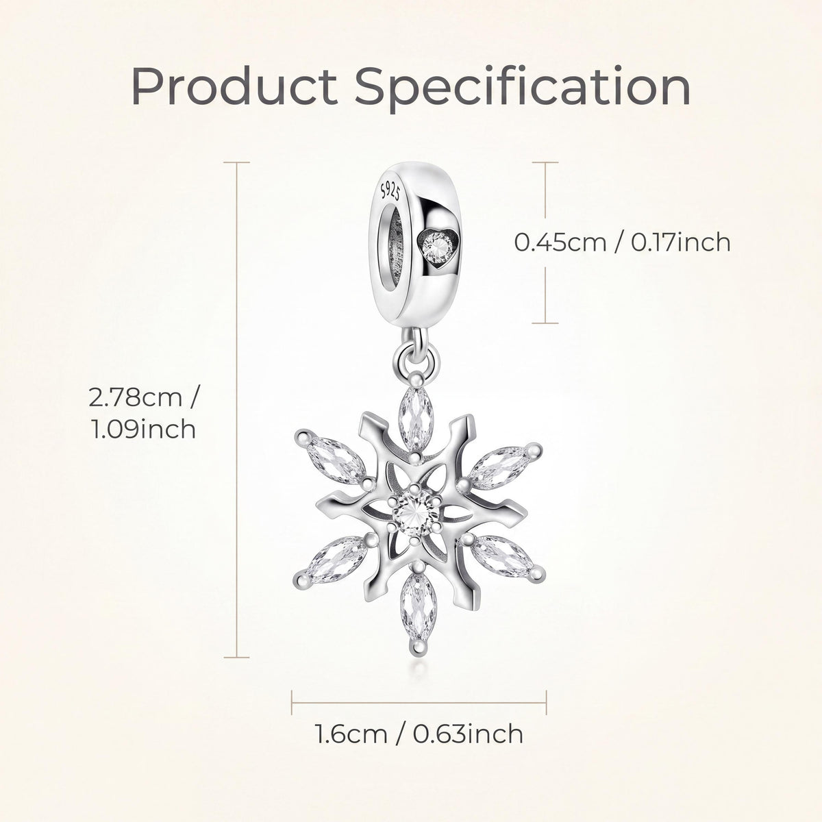 Snowflake Dangle Charm size and details