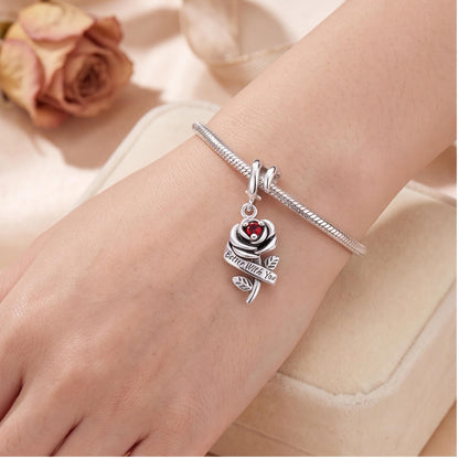 Red Rose Dangle Charm worn on a charm bracelet