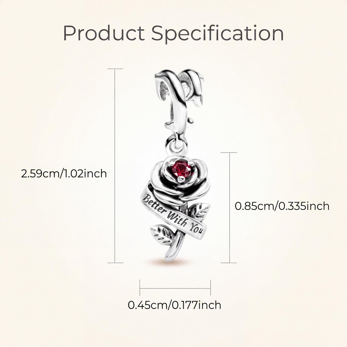 Red Rose Dangle Charm size and details