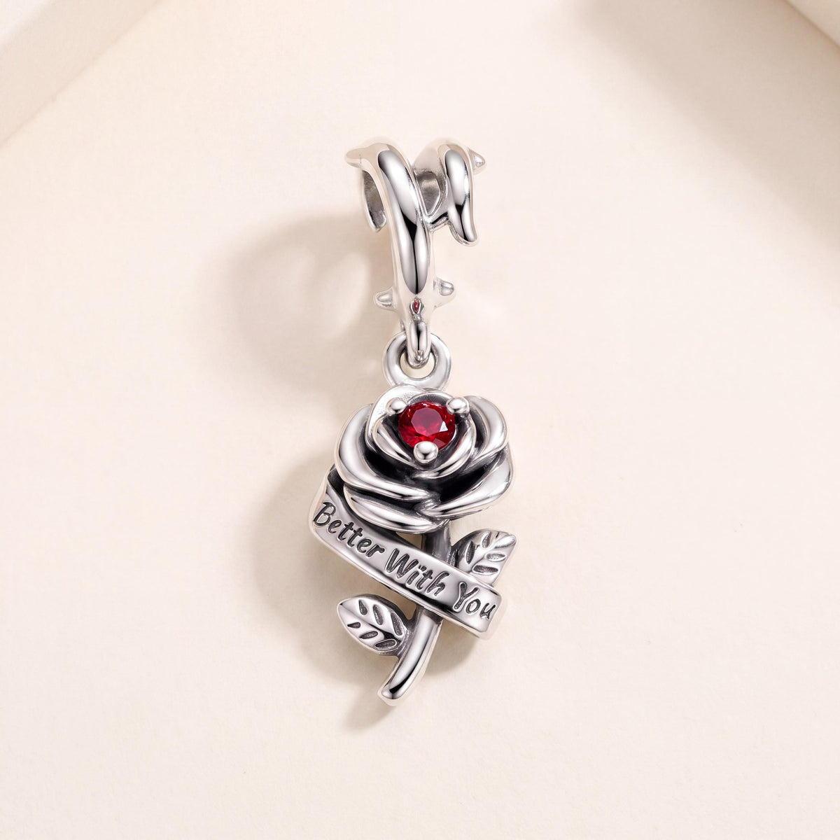 Red Rose Dangle Charm in 925 sterling silver with sparkling stones, fits European-style charm bracelets