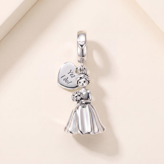 Bride Dangle Charm in 925 sterling silver with sparkling stones, fits European-style charm bracelets