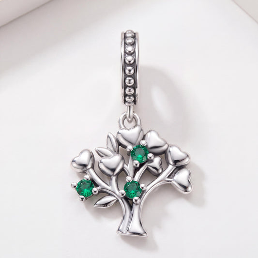 Green Heart Family Tree Dangle in 925 sterling silver with sparkling stones, fits European-style charm bracelets